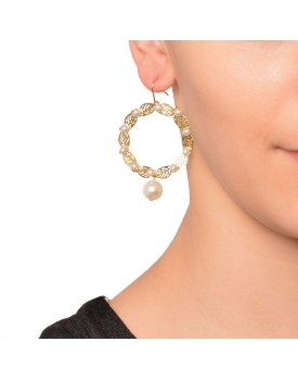 Brinco Dourado Coroa De Folhas E Pérolas