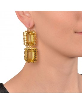 Brinco Dourado Retângulos Caseados Com Bolinhas E Pastilha De Resina Amarela