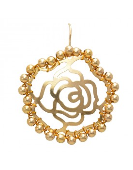 Brinco Dourado Grande Rosa com Bolinhas em Ouro 18K