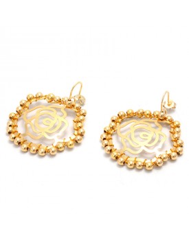 Brinco Dourado Grande Rosa com Bolinhas em Ouro 18K