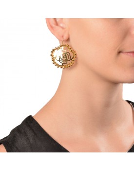 Brinco Dourado Grande Rosa com Bolinhas em Ouro 18K