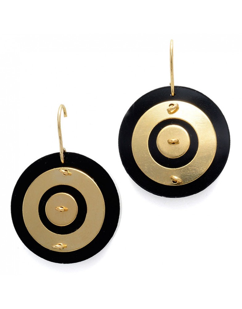 Brinco Dourado Disco De Acrílico Preto