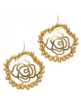 Brinco Dourado Grande Rosa com Bolinhas em Ouro 18K