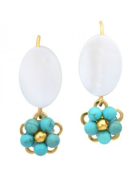 Brinco Dourado Madrepérola Com Florzinha De Turquesa