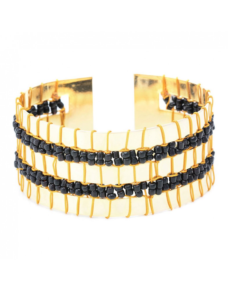 Pulseira Dourada Com Miçangas Pretas