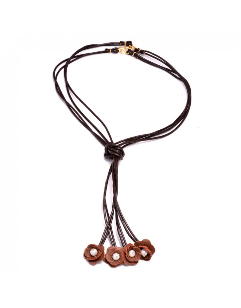 Colar Dourado Pingente De Flores Marrom