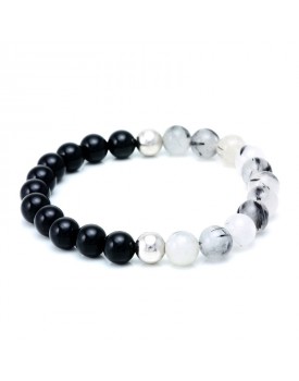 Pulseira Masculina Com Bolinha Ágata Negra E Quartzo