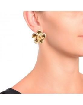 Brinco Dourado Flor 5 Pétalas Com Strass