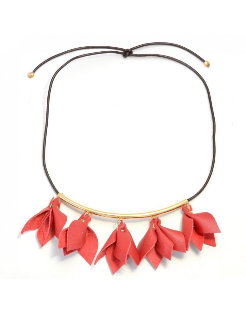 Colar Dourado Folhas Vermelhas