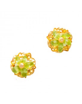 Brinco Dourado Flor Pedras Verde