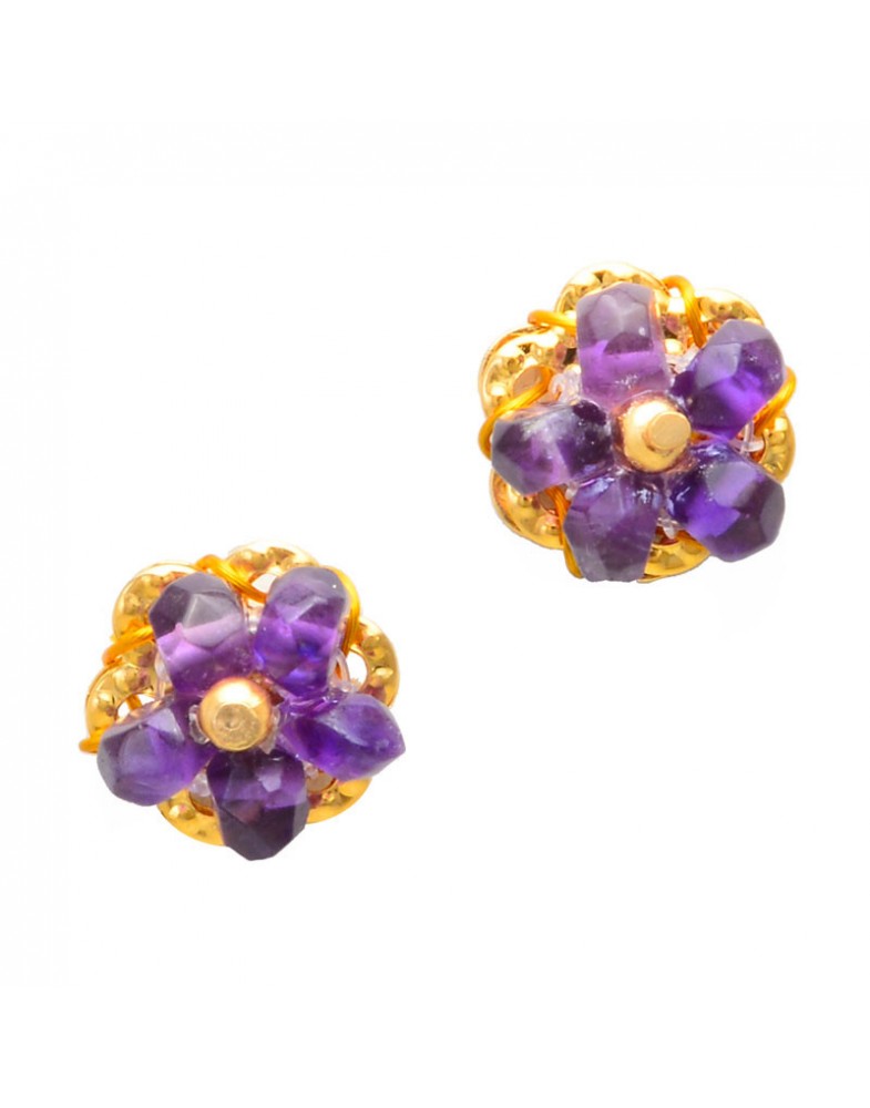 Brinco Dourado Flor Pedras Roxo