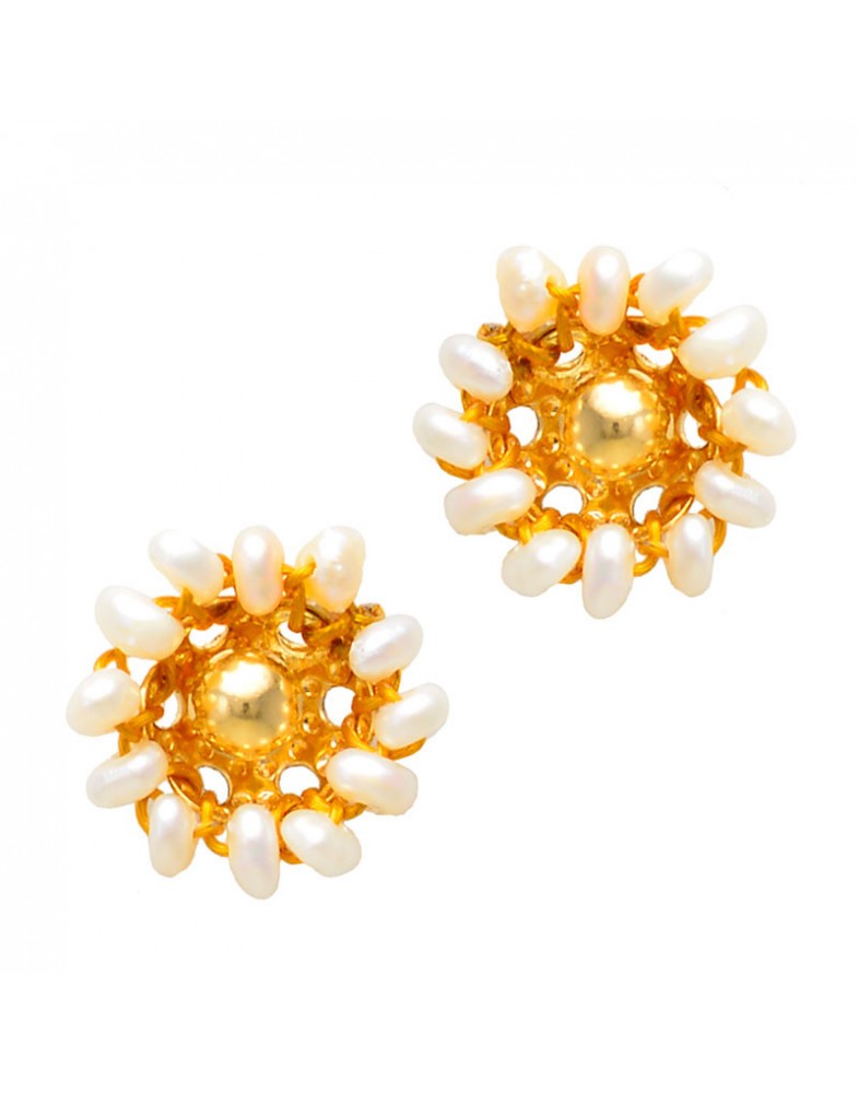 Brinco Dourado Flor De  Pérolas