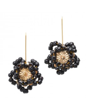Brinco Dourado Flor Estrela Miçanga Preta