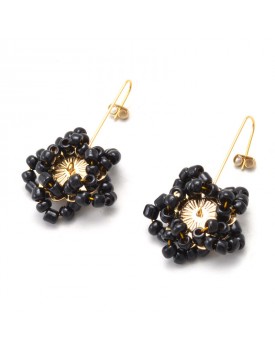 Brinco Dourado Flor Estrela Miçanga Preta