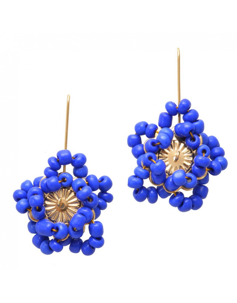 Brinco Dourado Flor Estrela Miçanga Azul