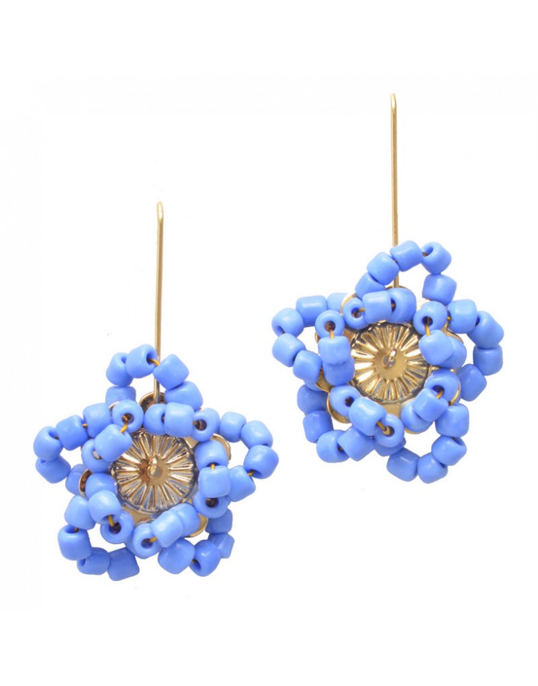 Brinco Dourado Flor Estrela Miçanga Azul Turquesa