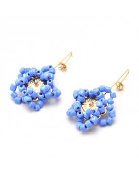 Brinco Dourado Flor Estrela Miçanga Azul Turquesa