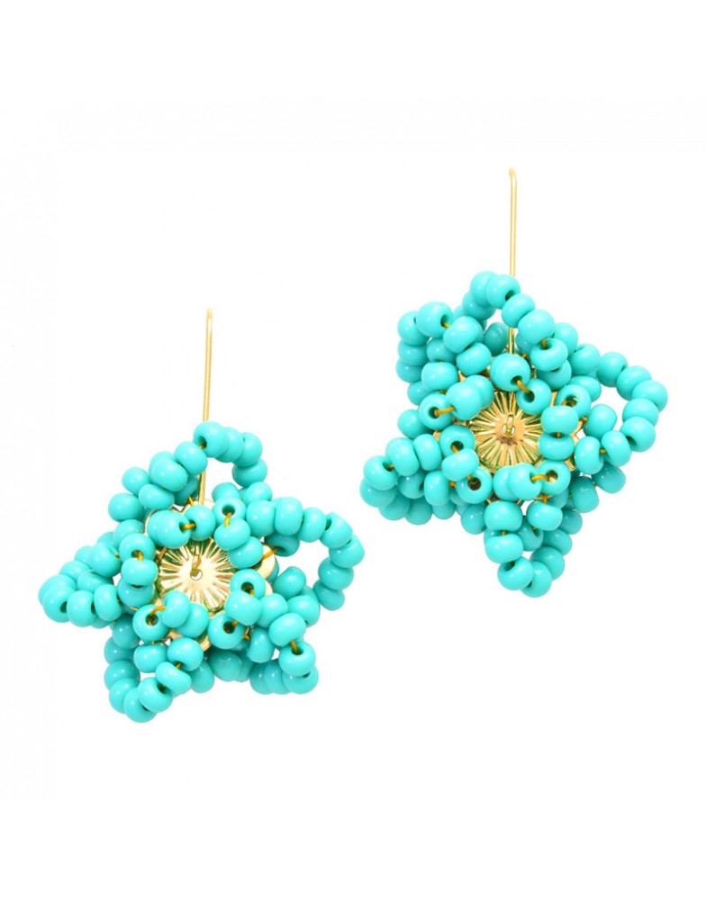 Brinco Dourado Flor Estrela Grande Turquesa Verde