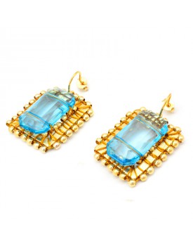 Brinco Dourado Moldura Azul