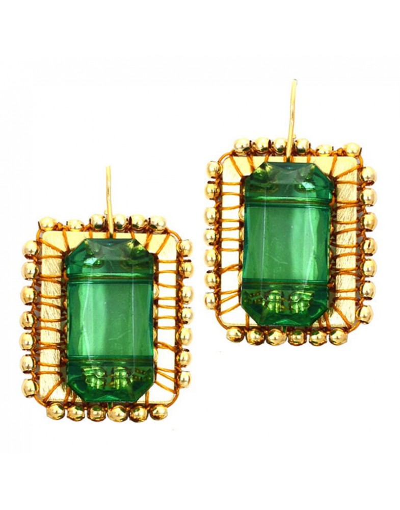 Brinco Dourado Moldura Verde Escuro