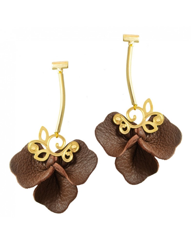 Brinco Dourado Floral Marrom
