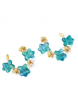 Brinco Dourado Argola Flores Resina Azul