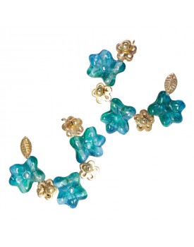 Brinco Dourado Argola Flores Resina Azul