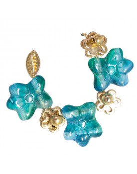 Brinco Dourado Argola Flores Resina Azul