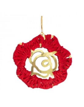 Brinco Dourado Flor Merce Crochê Vermelho