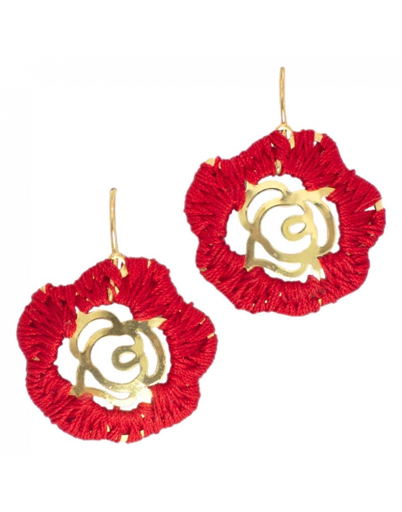 Brinco Dourado Flor Merce Crochê Vermelho