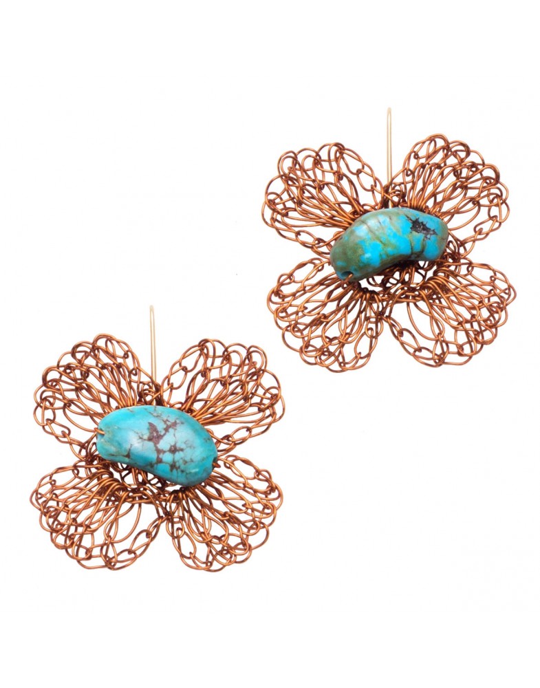 Brinco Dourado Flor Turquesa