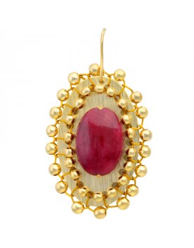 Brinco Dourado Chapa Oval E Jade Vermelha