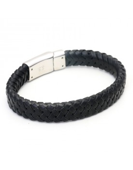 Pulseira Masculina Em Aço E Couro Trançado