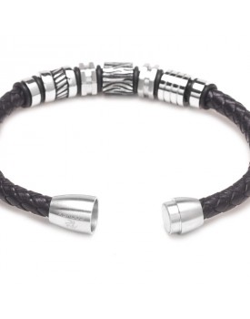 Pulseira Masculina Em Couro Trançado E Detalhes em Aço