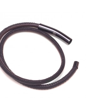 Pulseira Masculina Em Aço E Couro Liso Preto E Marrom
