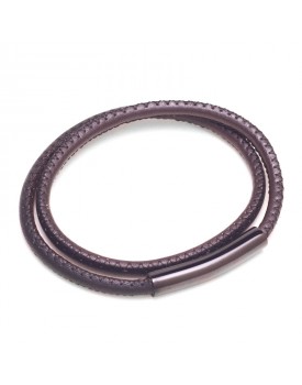Pulseira Masculina Em Aço E Couro Liso Preto E Marrom