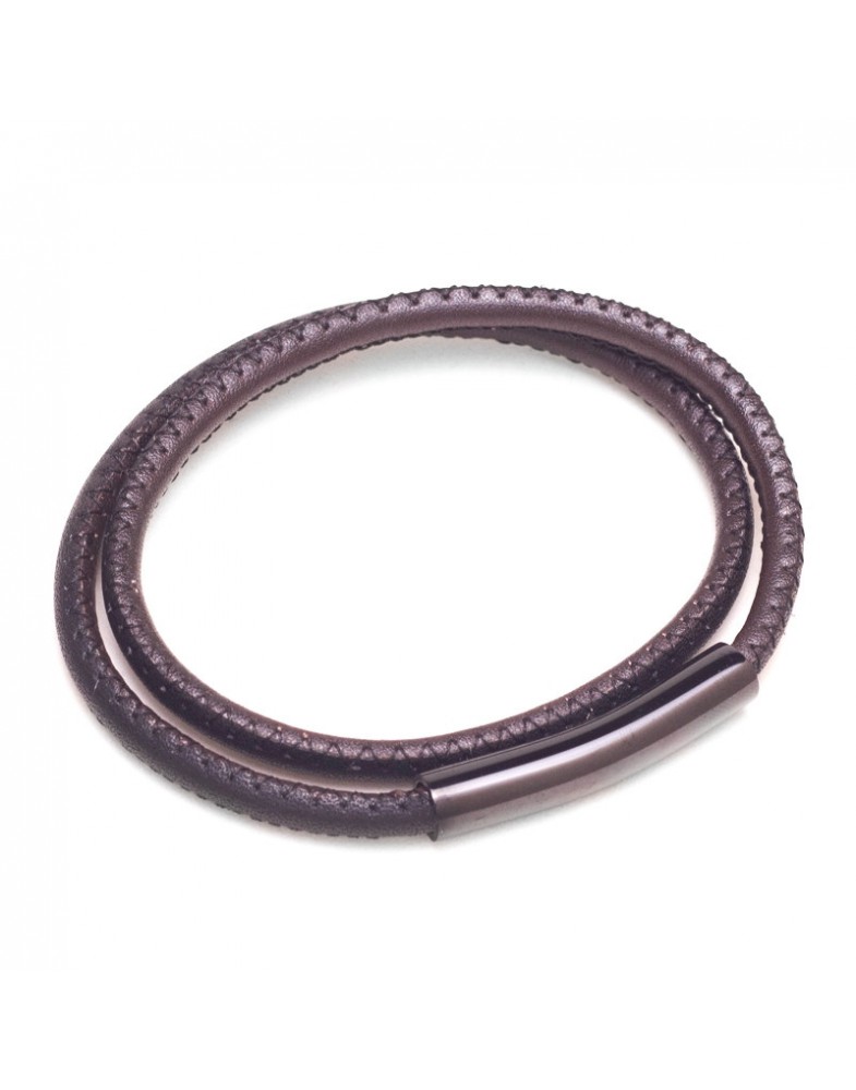 Pulseira Masculina Em Aço E Couro Liso Preto E Marrom