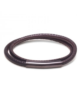 Pulseira Masculina Em Aço E Couro Liso Preto E Marrom