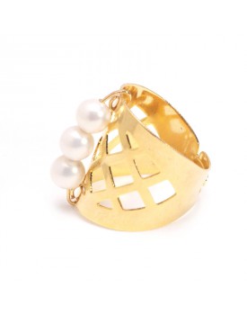 Anel Dourado Trio De Pérolas