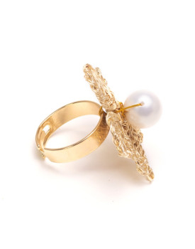 Anel Dourado Jasmim Com Pérola