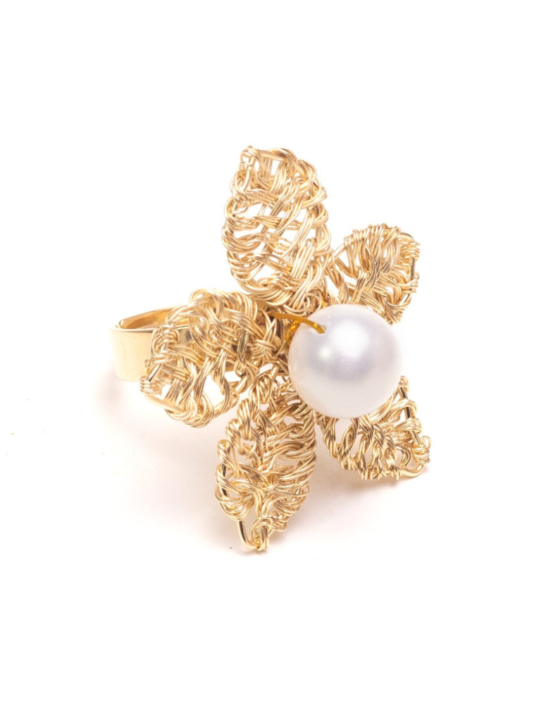Anel Dourado Jasmim Com Pérola