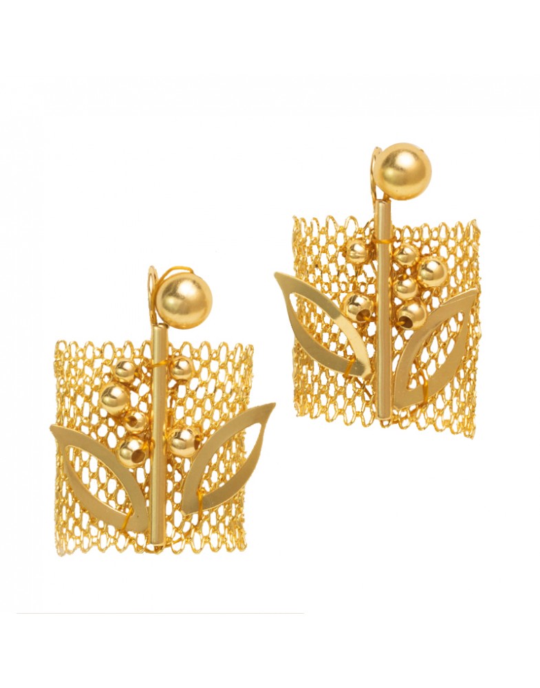 Brinco Dourado Malha Com Flores