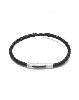 Pulseira Masculina Em Aço E Couro Preto