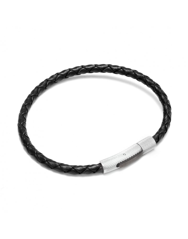 Pulseira Masculina Em Aço E Couro Preto