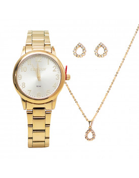 Relógio Feminino Dourado Condor Kit Strass