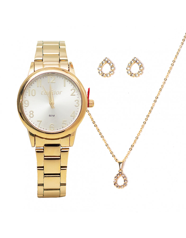 Relógio Feminino Dourado Condor Kit Strass