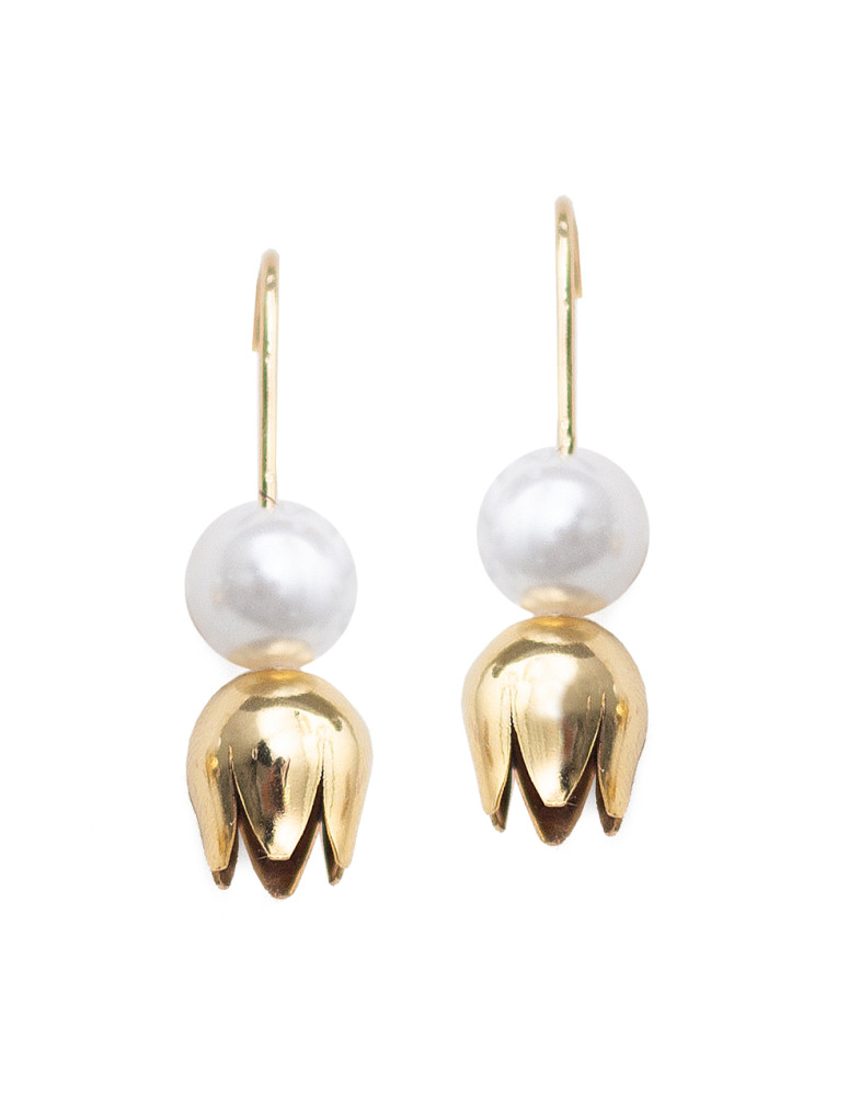 Brinco Dourado Pérola Com Tulipa