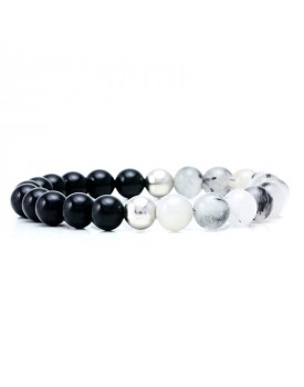 Pulseira Masculina Com Bolinha Ágata Negra E Quartzo