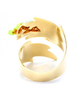 Anel Dourado Com Aro De Folha E Miçangas
