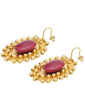 Brinco Dourado Chapa Oval E Jade Vermelha
